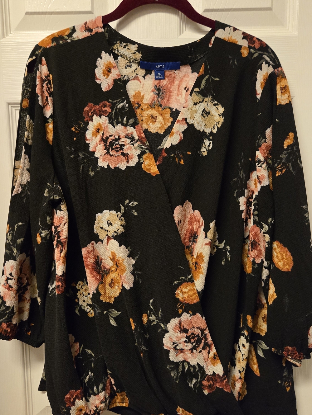 Apt. 9 Black Wrap Blouse with Pink and Mustard Floral Print